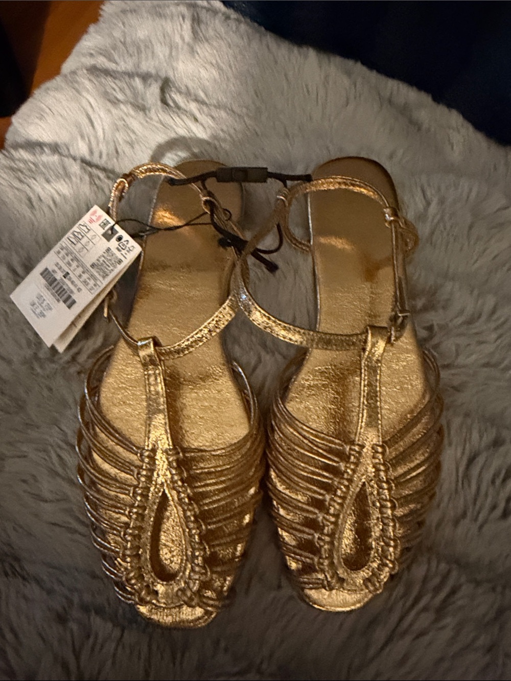 Zara Metallic Gold Fisherman Strappy Flat Sandals 38 7.5